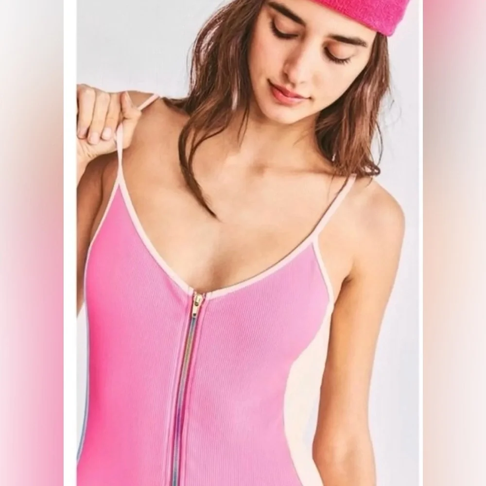 LoveShackFancy Pink and Light Blue Zipper One-Piece Swimsuit